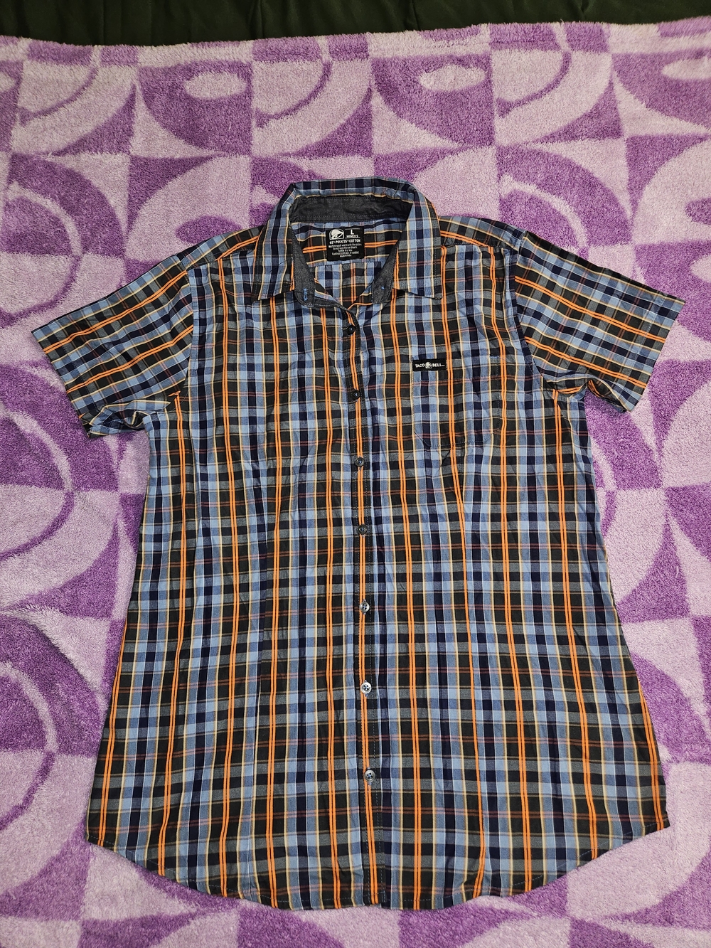 Womans TACO bell Short Sleeve Plaid Button-Down Shirt - Blue & Orange
